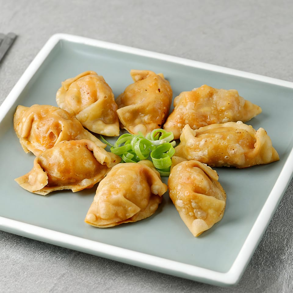 Golden-brown fried Asian dumplings arranged in a circle on a light blue plate, garnished with green onions.