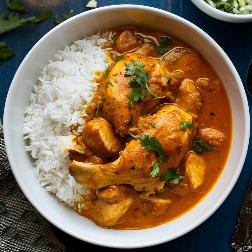A white bowl of Asian chicken curry with rice, garnished with fresh cilantro.
