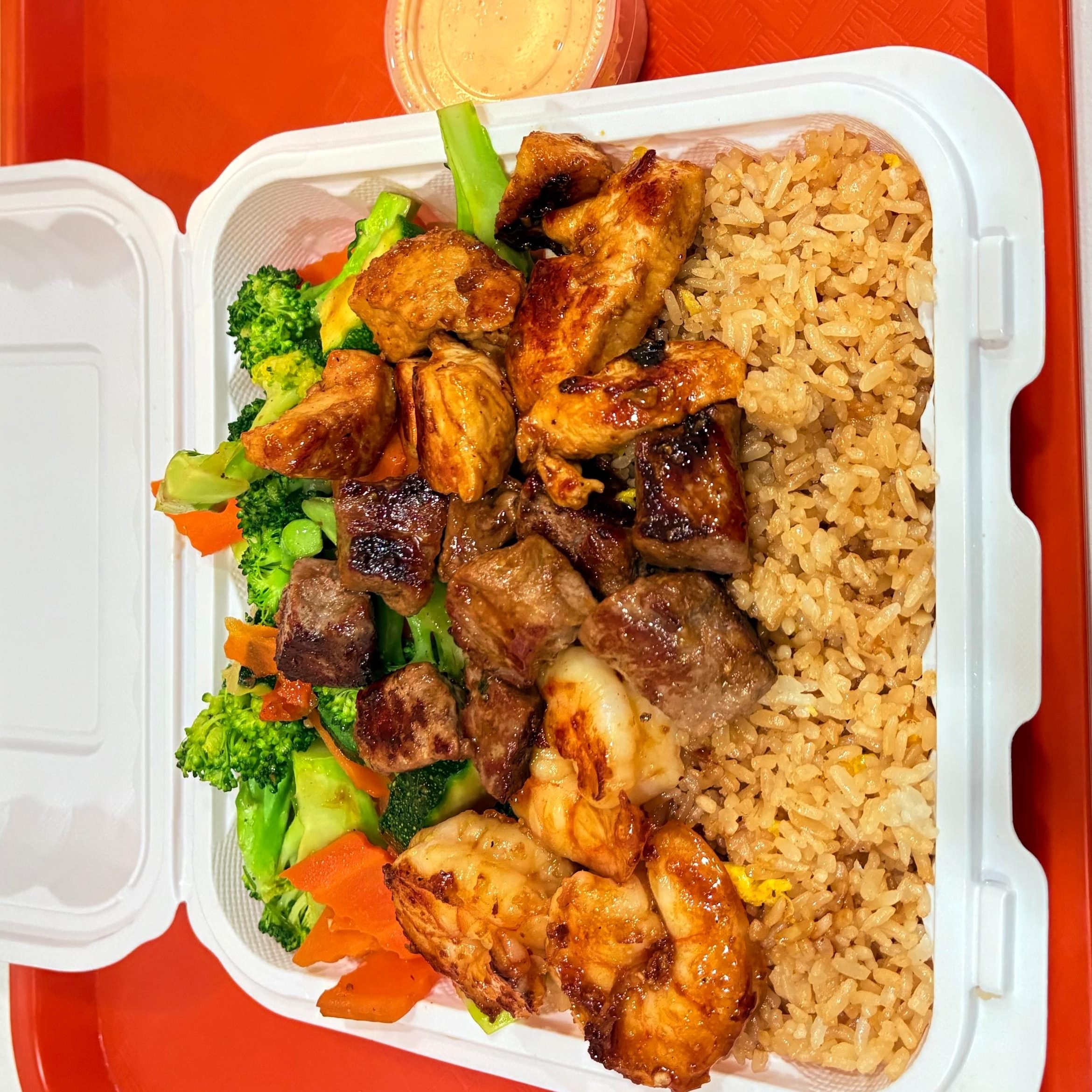Steak, Chicken & Shrimp Hibachi.